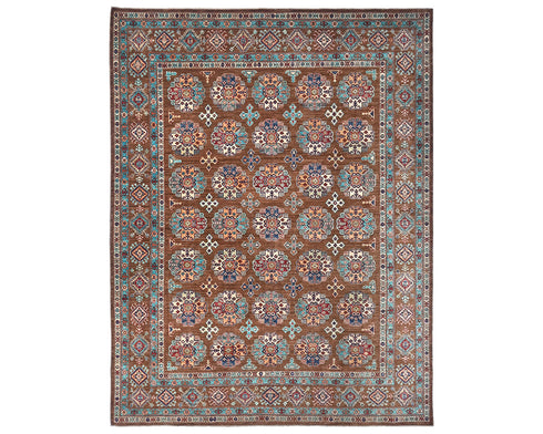 8x11 Brown Kazak Afghan Hand Knotted Geometric Wool Area Rug